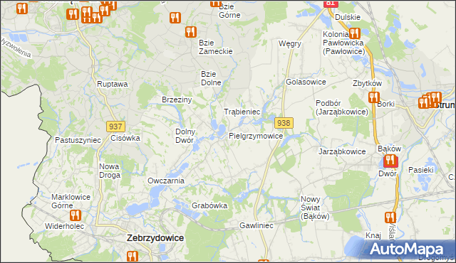 mapa Pielgrzymowice gmina Pawłowice, Pielgrzymowice gmina Pawłowice na mapie Targeo