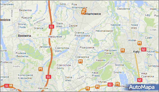 mapa Pisarzowice gmina Wilamowice, Pisarzowice gmina Wilamowice na mapie Targeo