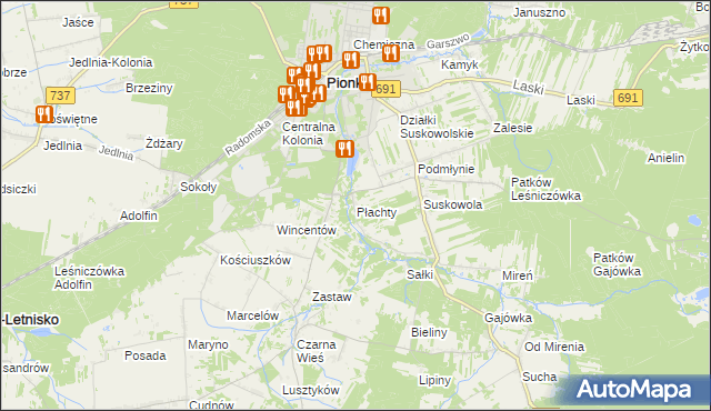 mapa Płachty gmina Pionki, Płachty gmina Pionki na mapie Targeo