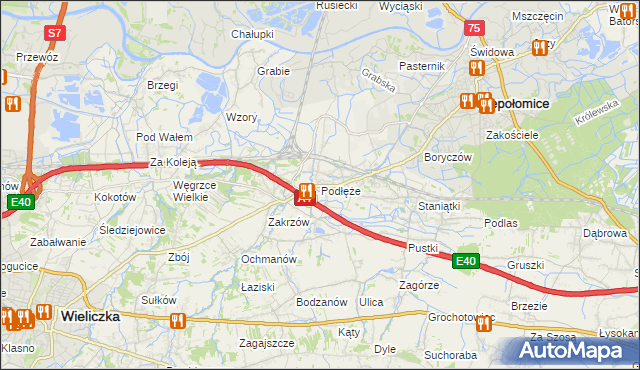 mapa Podłęże gmina Niepołomice, Podłęże gmina Niepołomice na mapie Targeo