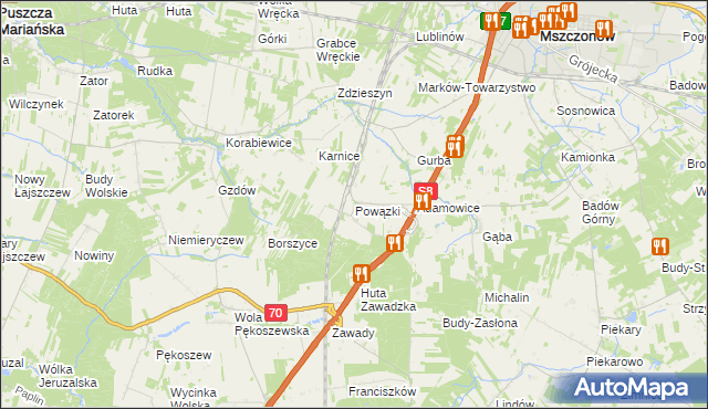 mapa Powązki gmina Mszczonów, Powązki gmina Mszczonów na mapie Targeo