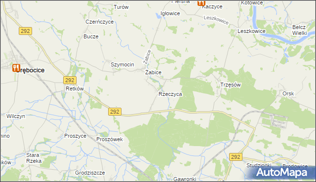 mapa Rzeczyca gmina Grębocice, Rzeczyca gmina Grębocice na mapie Targeo