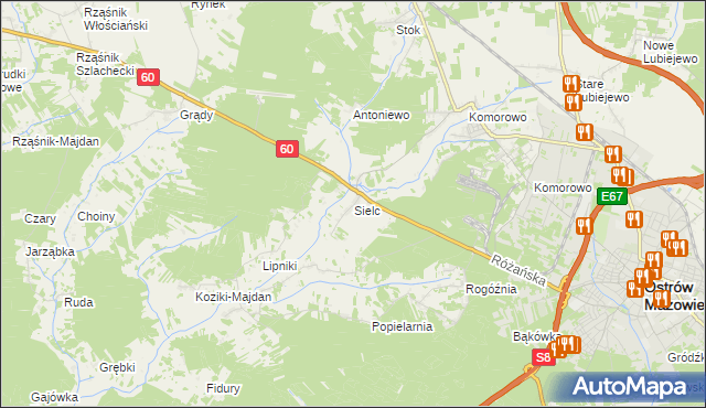 mapa Sielc gmina Ostrów Mazowiecka, Sielc gmina Ostrów Mazowiecka na mapie Targeo