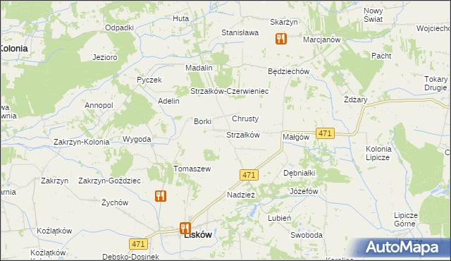 mapa Strzałków gmina Lisków, Strzałków gmina Lisków na mapie Targeo
