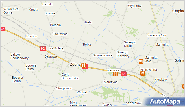 mapa Szymanowice gmina Zduny, Szymanowice gmina Zduny na mapie Targeo