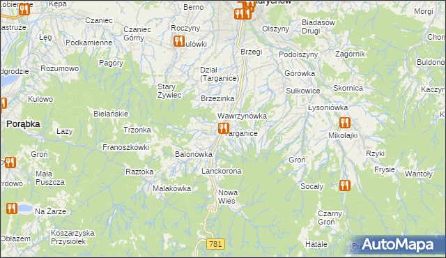 mapa Targanice, Targanice na mapie Targeo