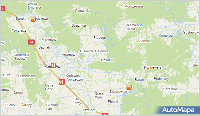 mapa Trawniki gmina Smyków, Trawniki gmina Smyków na mapie Targeo