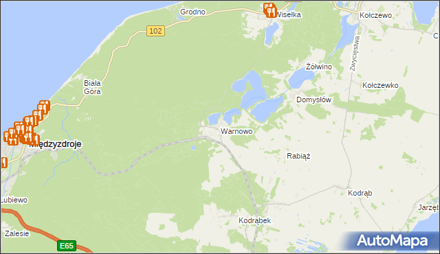 mapa Warnowo gmina Wolin, Warnowo gmina Wolin na mapie Targeo