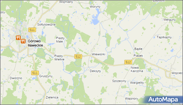 mapa Wiewiórki gmina Górowo Iławeckie, Wiewiórki gmina Górowo Iławeckie na mapie Targeo