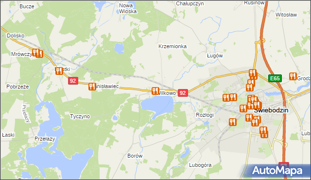 mapa Wilkowo gmina Świebodzin, Wilkowo gmina Świebodzin na mapie Targeo