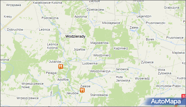 mapa Włodzimierz gmina Wodzierady, Włodzimierz gmina Wodzierady na mapie Targeo