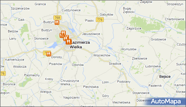 mapa Wojciechów gmina Kazimierza Wielka, Wojciechów gmina Kazimierza Wielka na mapie Targeo