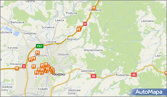mapa Wojciechowice gmina Kłodzko, Wojciechowice gmina Kłodzko na mapie Targeo