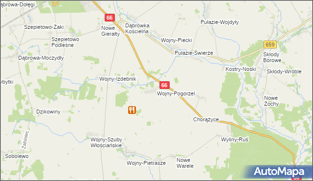 mapa Wojny-Pogorzel, Wojny-Pogorzel na mapie Targeo