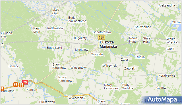 mapa Wygoda gmina Puszcza Mariańska, Wygoda gmina Puszcza Mariańska na mapie Targeo