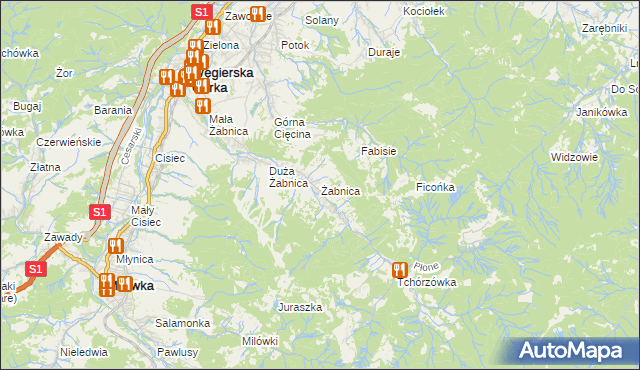 mapa Żabnica gmina Węgierska Górka, Żabnica gmina Węgierska Górka na mapie Targeo