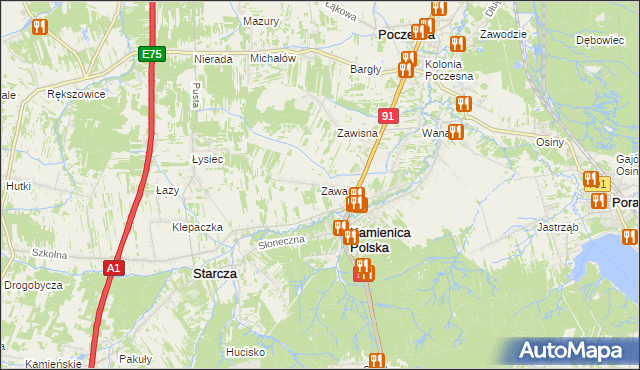 mapa Zawada gmina Kamienica Polska, Zawada gmina Kamienica Polska na mapie Targeo