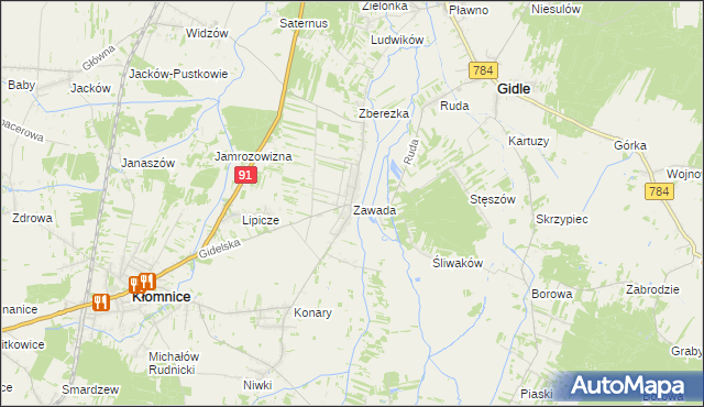 mapa Zawada gmina Kłomnice, Zawada gmina Kłomnice na mapie Targeo