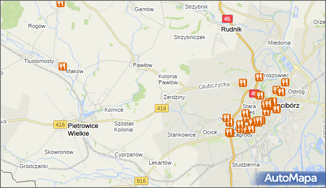 mapa Żerdziny gmina Pietrowice Wielkie, Żerdziny gmina Pietrowice Wielkie na mapie Targeo