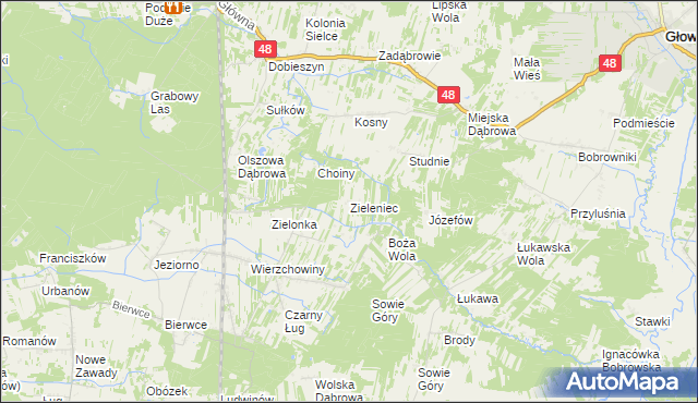 mapa Zieleniec gmina Głowaczów, Zieleniec gmina Głowaczów na mapie Targeo