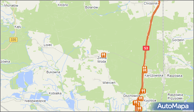 mapa Zimna Woda gmina Lubin, Zimna Woda gmina Lubin na mapie Targeo