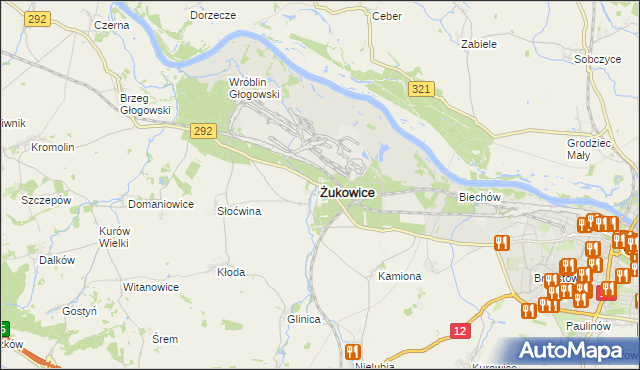 mapa Żukowice powiat głogowski, Żukowice powiat głogowski na mapie Targeo