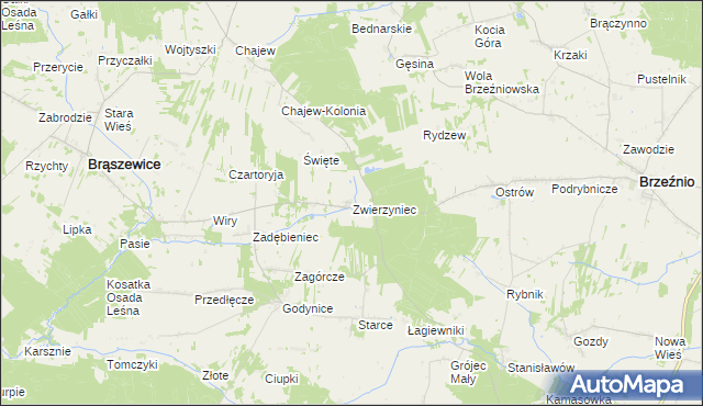 mapa Zwierzyniec gmina Brąszewice, Zwierzyniec gmina Brąszewice na mapie Targeo