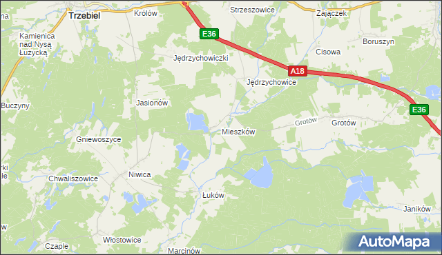 mapa Mieszków gmina Trzebiel, Mieszków gmina Trzebiel na mapie Targeo