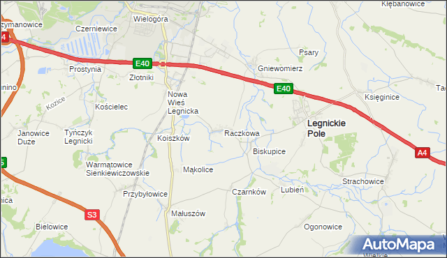 mapa Raczkowa gmina Legnickie Pole, Raczkowa gmina Legnickie Pole na mapie Targeo