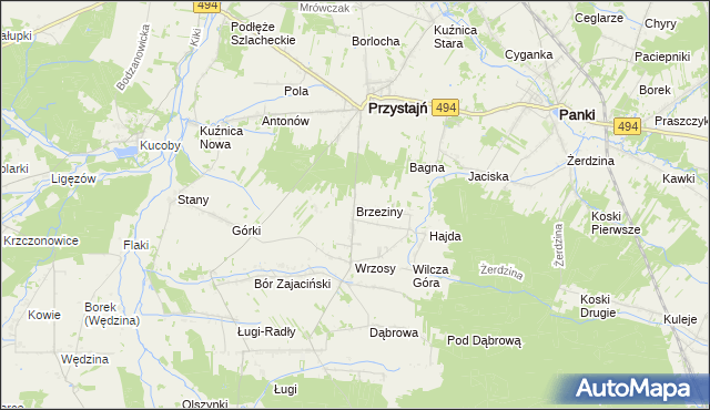 mapa Brzeziny gmina Przystajń, Brzeziny gmina Przystajń na mapie Targeo