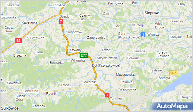 mapa Krzyszkowice gmina Myślenice, Krzyszkowice gmina Myślenice na mapie Targeo