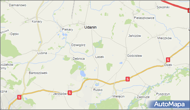 mapa Lasek gmina Udanin, Lasek gmina Udanin na mapie Targeo