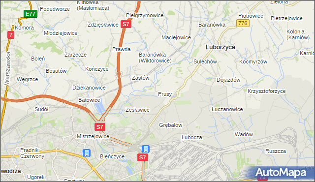 mapa Prusy gmina Kocmyrzów-Luborzyca, Prusy gmina Kocmyrzów-Luborzyca na mapie Targeo