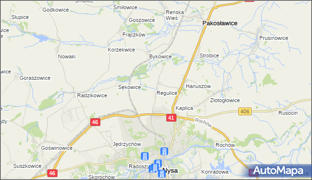 mapa Regulice gmina Nysa, Regulice gmina Nysa na mapie Targeo