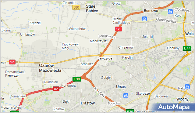 mapa Jawczyce gmina Ożarów Mazowiecki, Jawczyce gmina Ożarów Mazowiecki na mapie Targeo