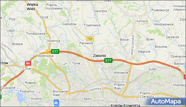 mapa Zielonki powiat krakowski, Zielonki powiat krakowski na mapie Targeo