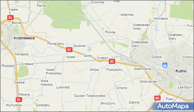 mapa Krzesin gmina Kutno, Krzesin gmina Kutno na mapie Targeo