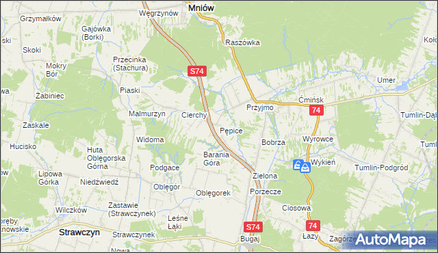 mapa Pępice gmina Mniów, Pępice gmina Mniów na mapie Targeo