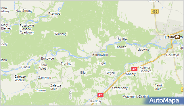mapa Bobrowniki gmina Działoszyn, Bobrowniki gmina Działoszyn na mapie Targeo