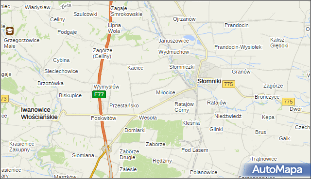 mapa Miłocice gmina Słomniki, Miłocice gmina Słomniki na mapie Targeo