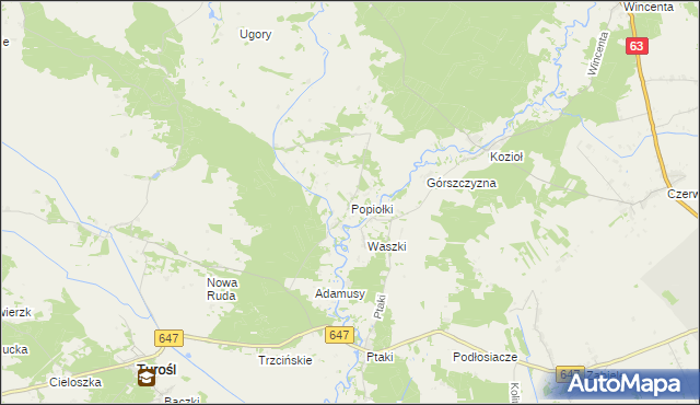 mapa Popiołki gmina Turośl, Popiołki gmina Turośl na mapie Targeo