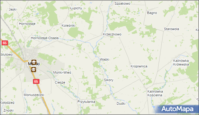 mapa Waśki gmina Mońki, Waśki gmina Mońki na mapie Targeo