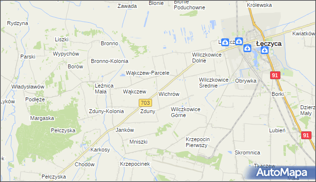 mapa Wichrów gmina Łęczyca, Wichrów gmina Łęczyca na mapie Targeo