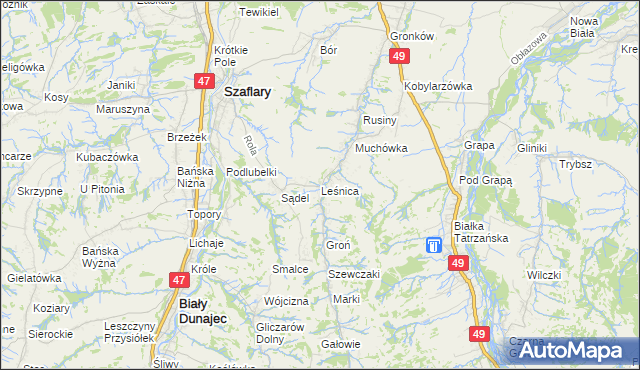 mapa Leśnica gmina Bukowina Tatrzańska, Leśnica gmina Bukowina Tatrzańska na mapie Targeo