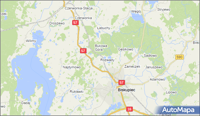mapa Rozwady gmina Biskupiec, Rozwady gmina Biskupiec na mapie Targeo