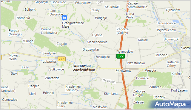 mapa Biskupice gmina Iwanowice, Biskupice gmina Iwanowice na mapie Targeo