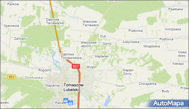 mapa Majdanek gmina Tomaszów Lubelski, Majdanek gmina Tomaszów Lubelski na mapie Targeo