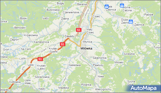 mapa Milówka powiat żywiecki, Milówka powiat żywiecki na mapie Targeo