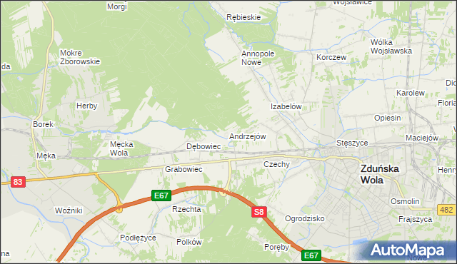 mapa Andrzejów gmina Zduńska Wola, Andrzejów gmina Zduńska Wola na mapie Targeo