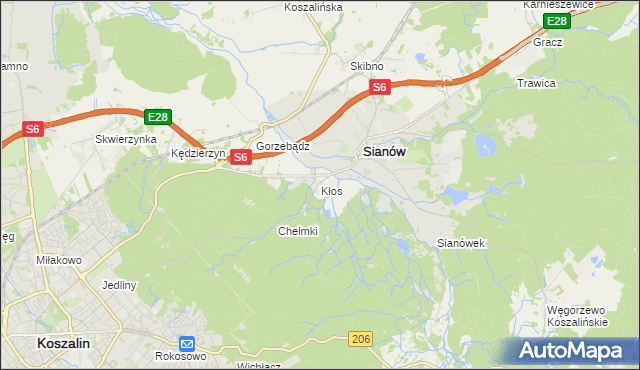 mapa Kłos gmina Sianów, Kłos gmina Sianów na mapie Targeo